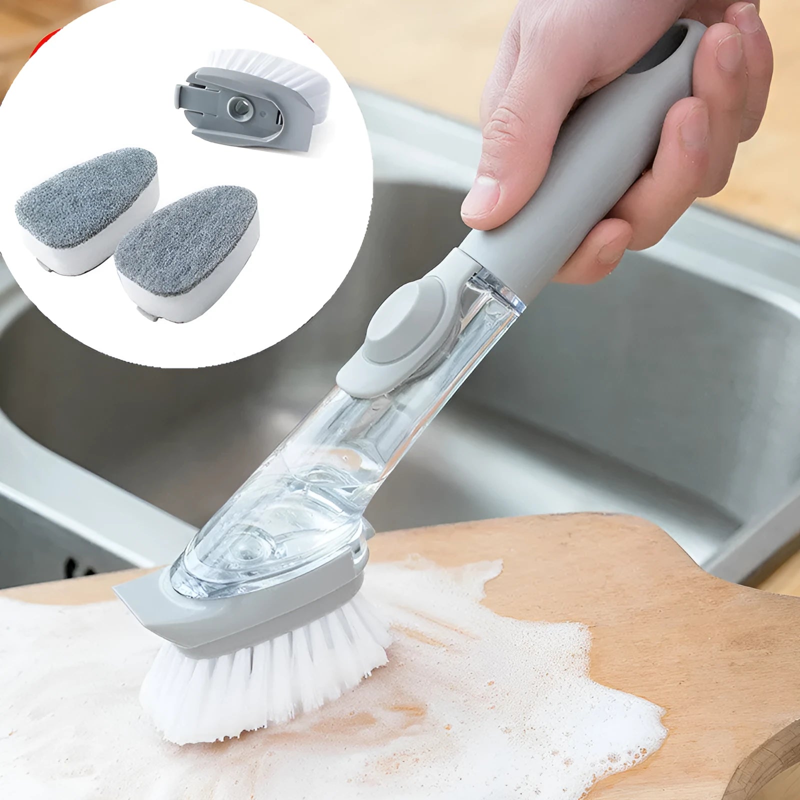 2-in-1 long handle cleaning brush with removable brush head and sponge for kitchen