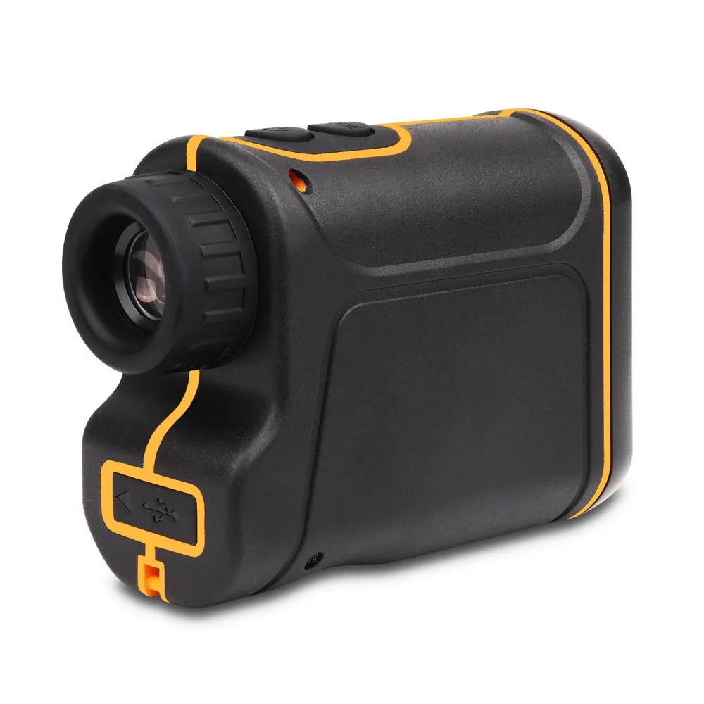 Handheld golf rangefinder device showing compact black housing with display screen and measurement lens
