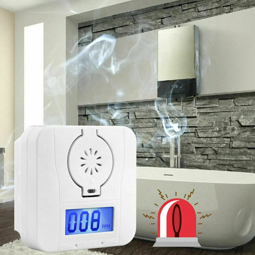 White wireless carbon monoxide alarm mounted on wall for kitchen bathroom safety