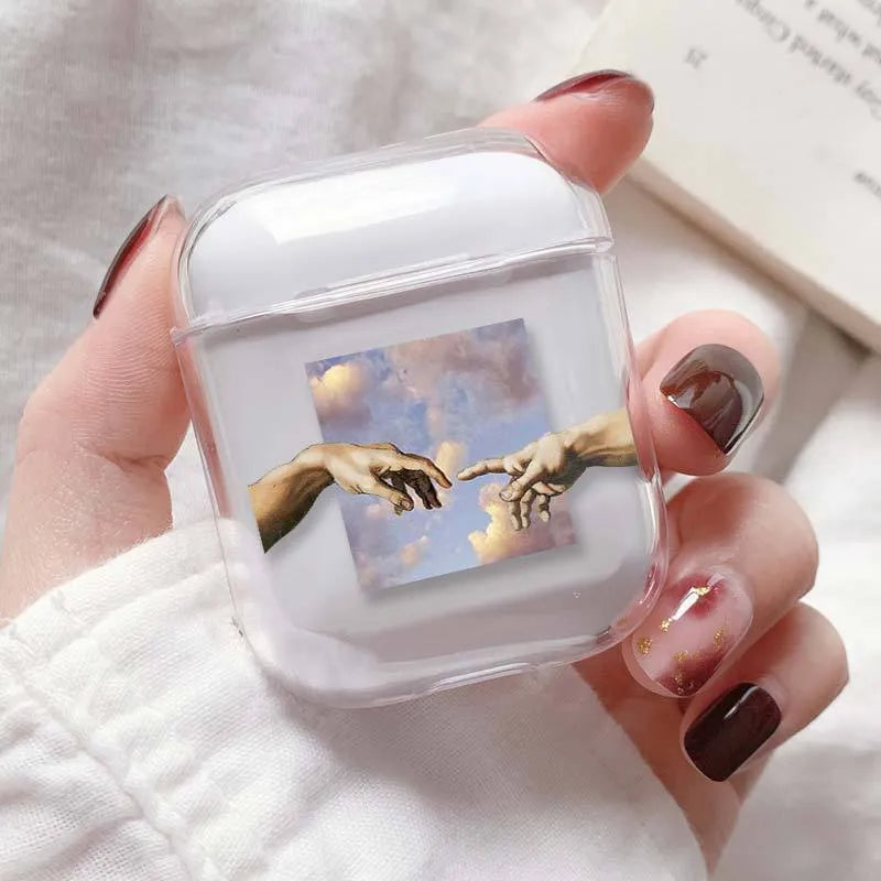 Transparent plastic AirPods protective cover showing colour style variations