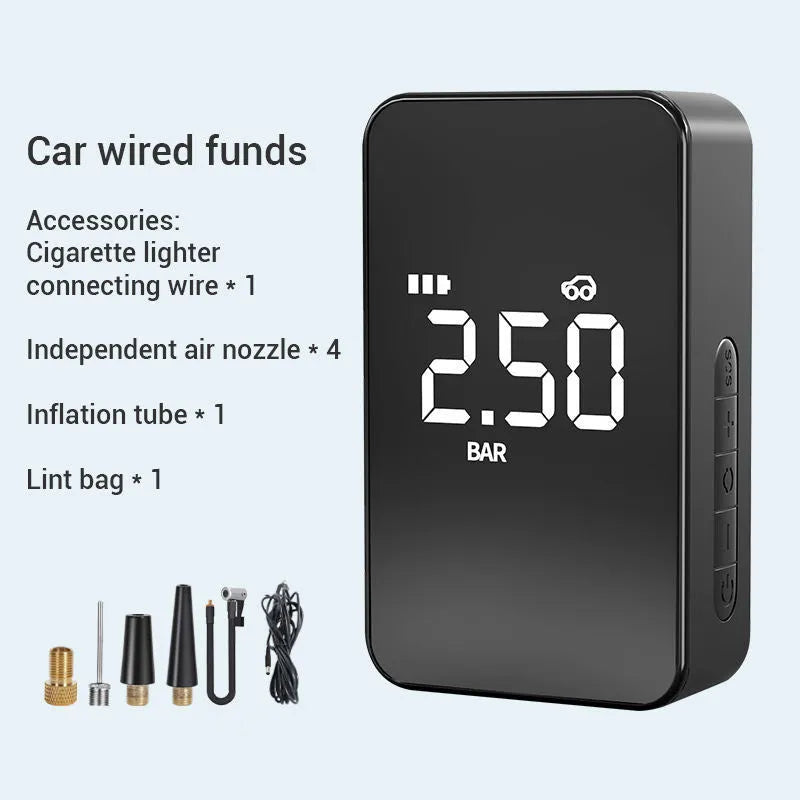 Black wireless digital display car tyre inflator pump with hose and nozzles on a grey background.
