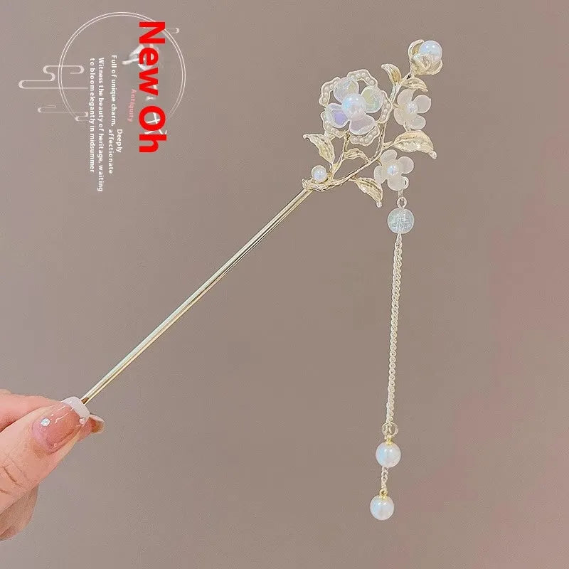 Chinese style ebony hairpin with electroplated alloy and floral ancient design