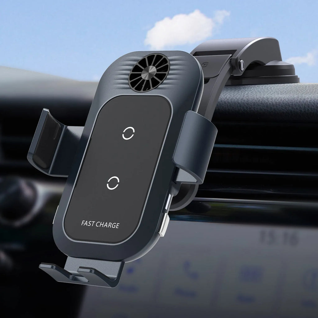 C35 coloured car wireless phone charger with suction cup air vent mount and automatic clamp.