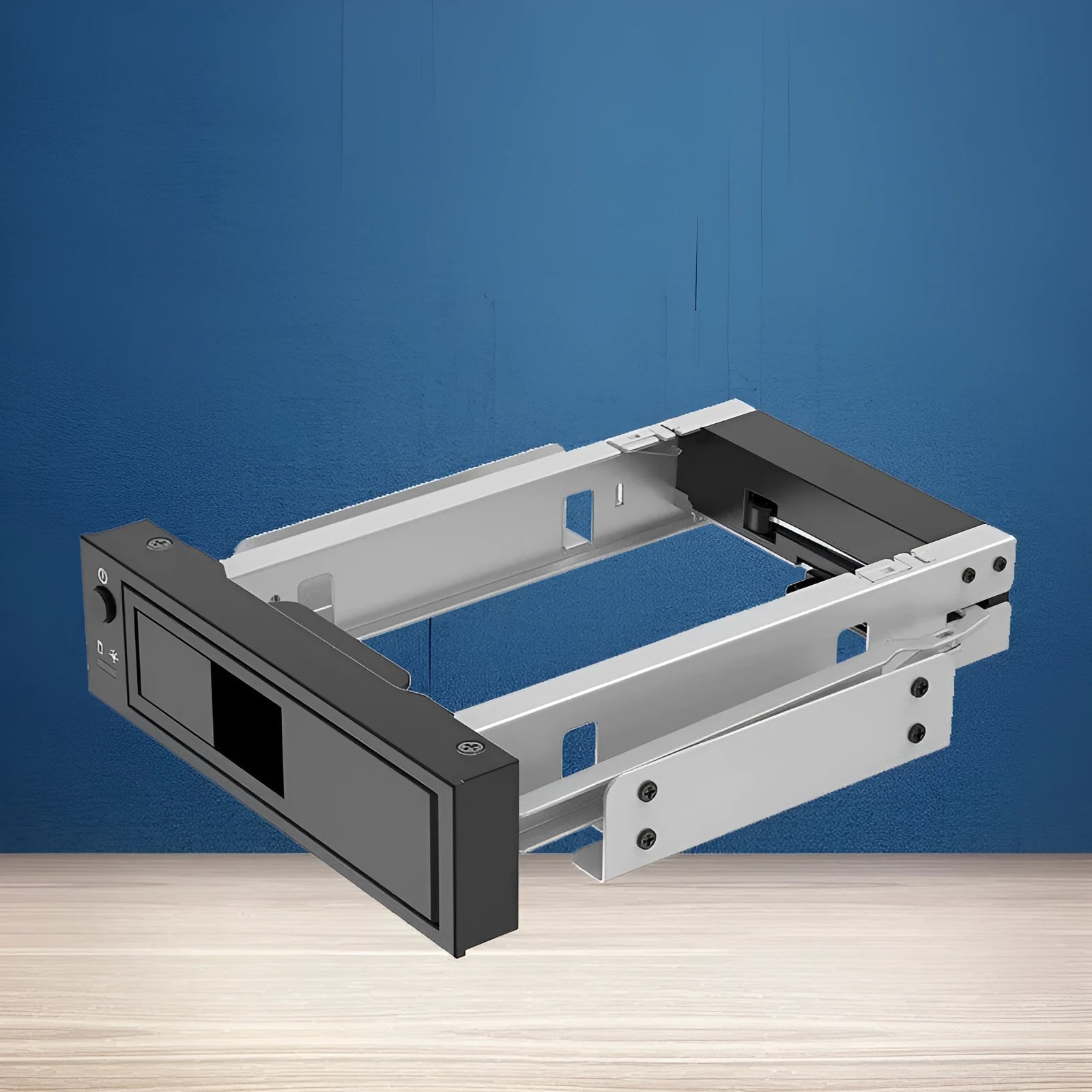 Black hard disk tray for CD-ROM bay mounting in vertical desktop chassis, plastic and iron construction