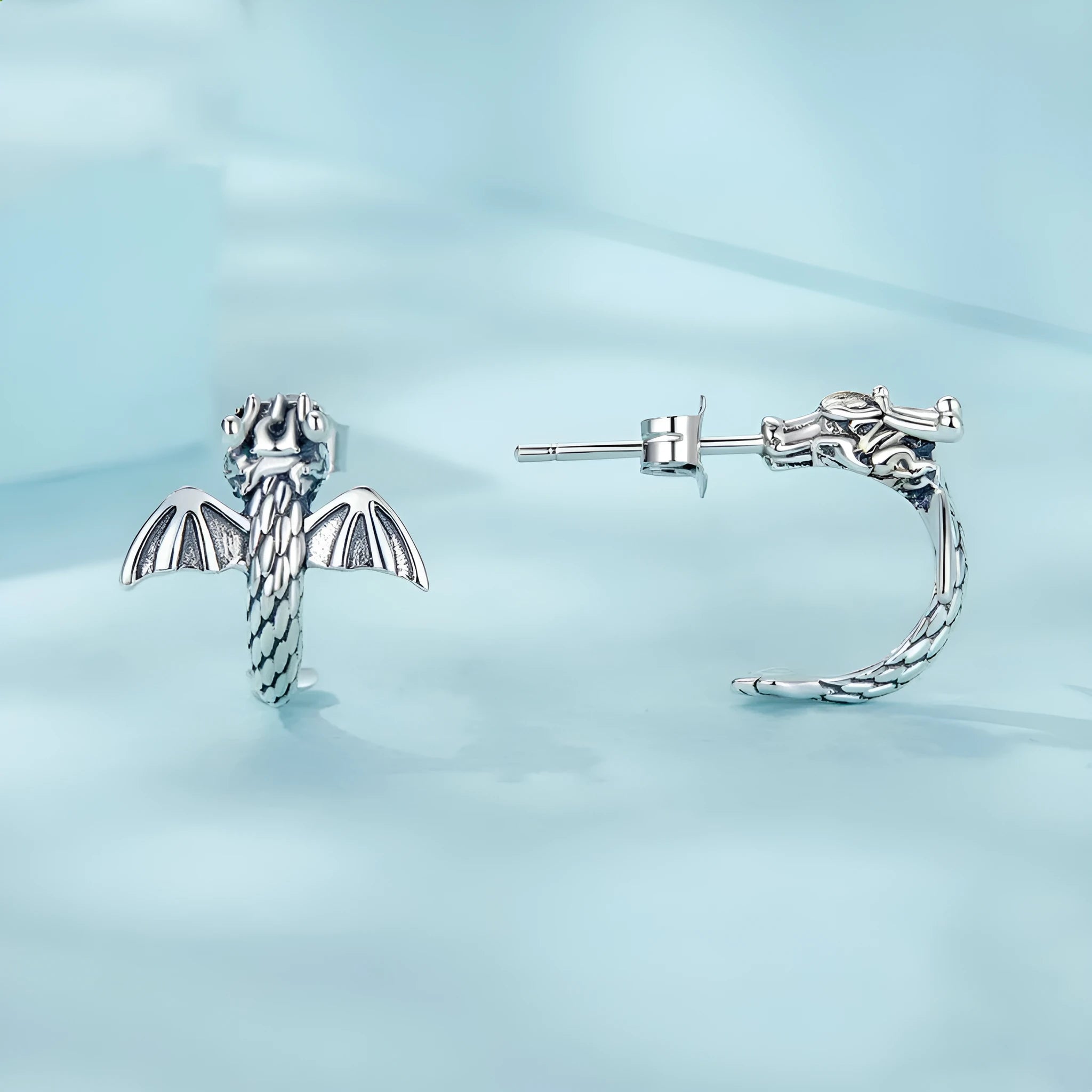 Women's retro handmade oxidised 925 silver flying dragon stud earrings, 13x13mm, 2.6g