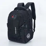 Black travel outdoor backpack with polyester waterproof finish, hard handle, metal details, and shoulder pad on a white background