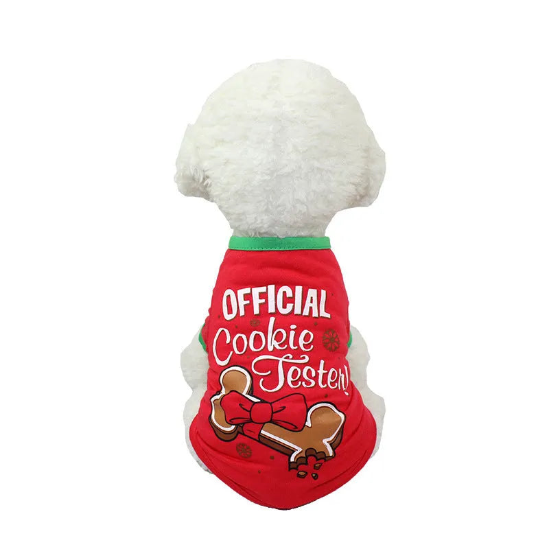 Christmas teddy dog outfit in red and green polyester fabric with festive pattern