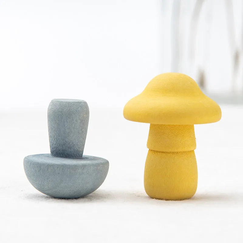 Wooden simulation mushroom picking game puzzle toy in wood colour on white background