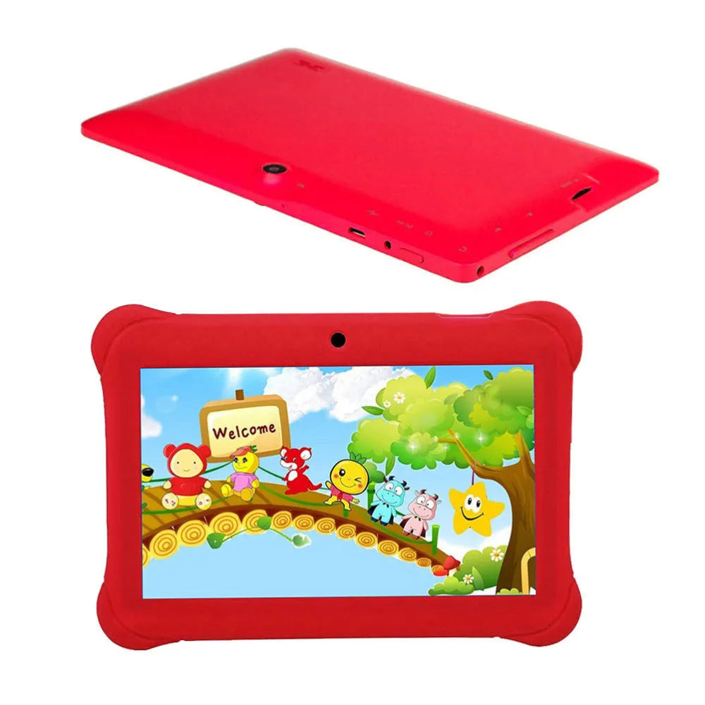 Children's tablet with 7-inch capacitive touch screen in black, showing front view with home button