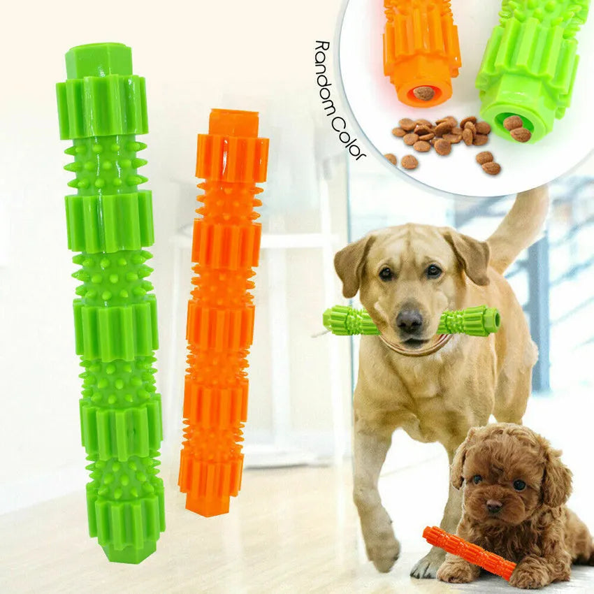 Green and orange rubber dog chew toy for aggressive chewers with treat dispensing feature