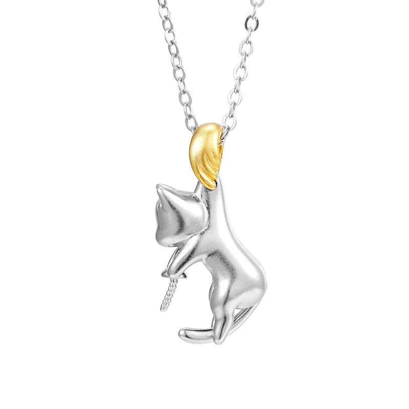925 sterling silver cat charm clavicle necklace with an electroplated finish.