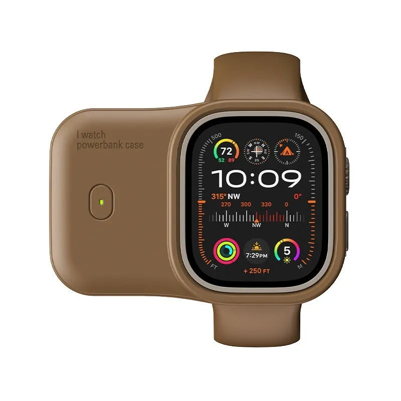 Apple Watch portable charging case power bank in brown, midnight blue, or starlight colour with silicone protection case.
