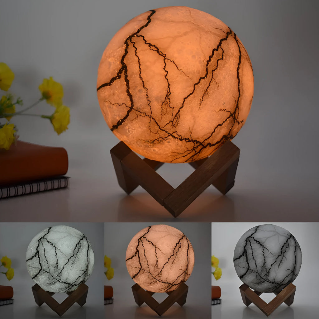 3D painted moon LED night light in 15cm size with warm glow on wood bracket