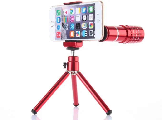 12X telephoto lens for mobile phone camera in red colour, compatible with iPhone and Samsung smartphones