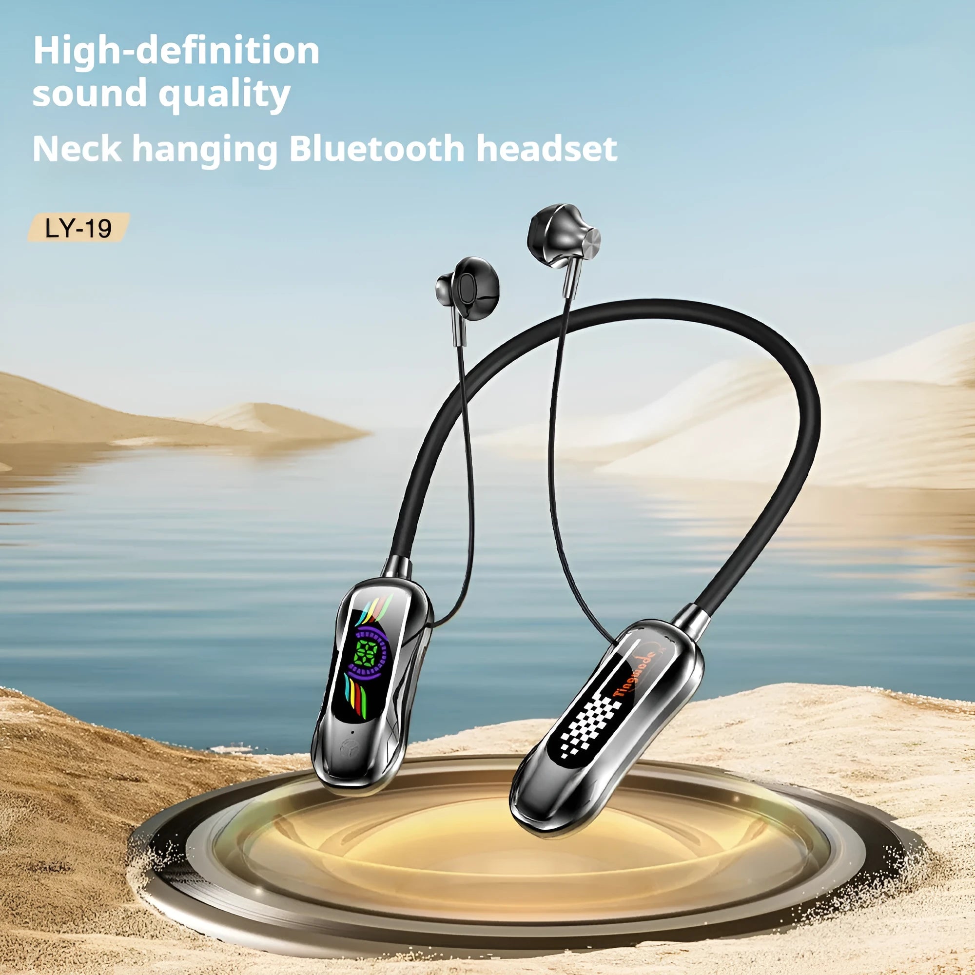 Neck-mounted Bluetooth headset in sports style, ABS TPE construction, digital display, 10m range, colour blue