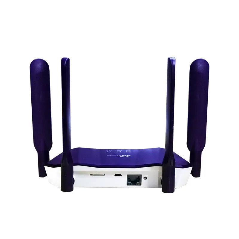 Blue 4G dual mode router with four antennas, compact rectangular design