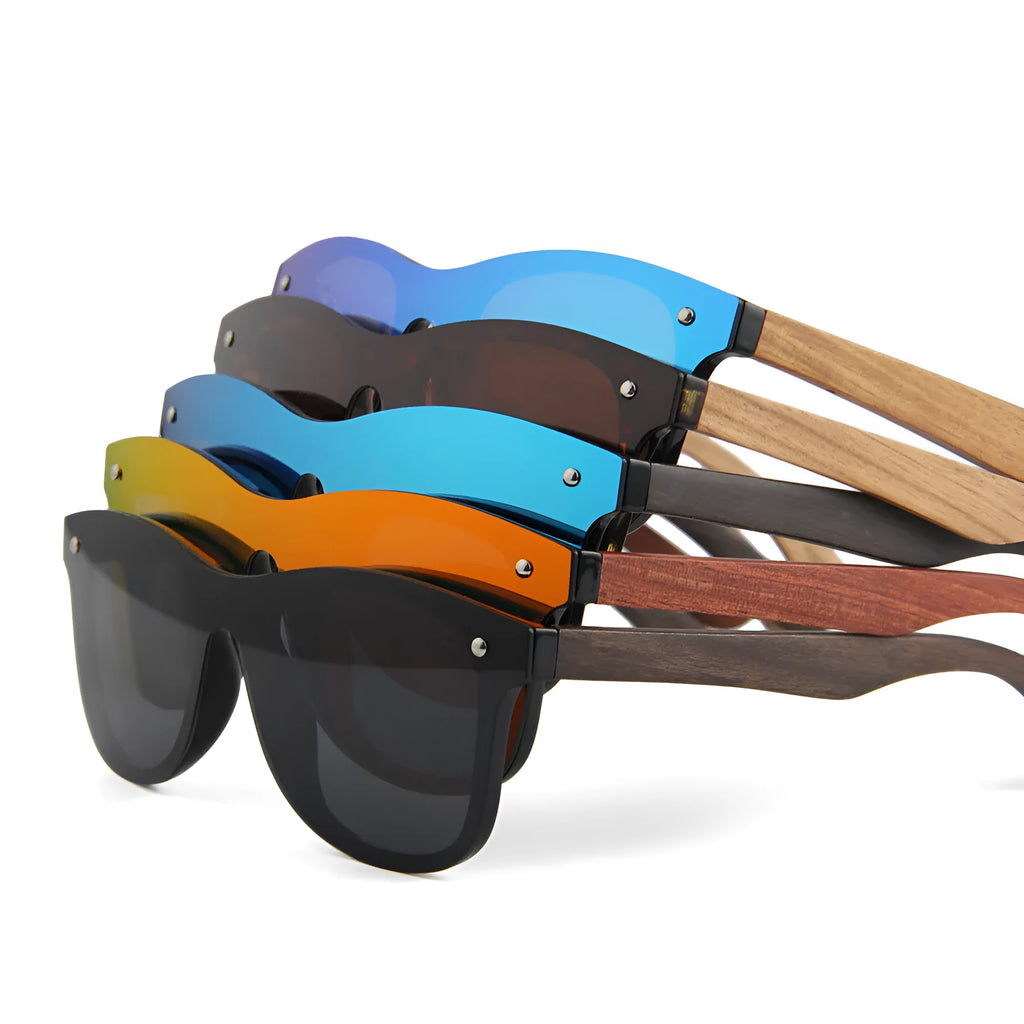Natural bamboo and wood sunglasses with TAC polarised UV400 lenses and mirror leg, shown in Black colour option