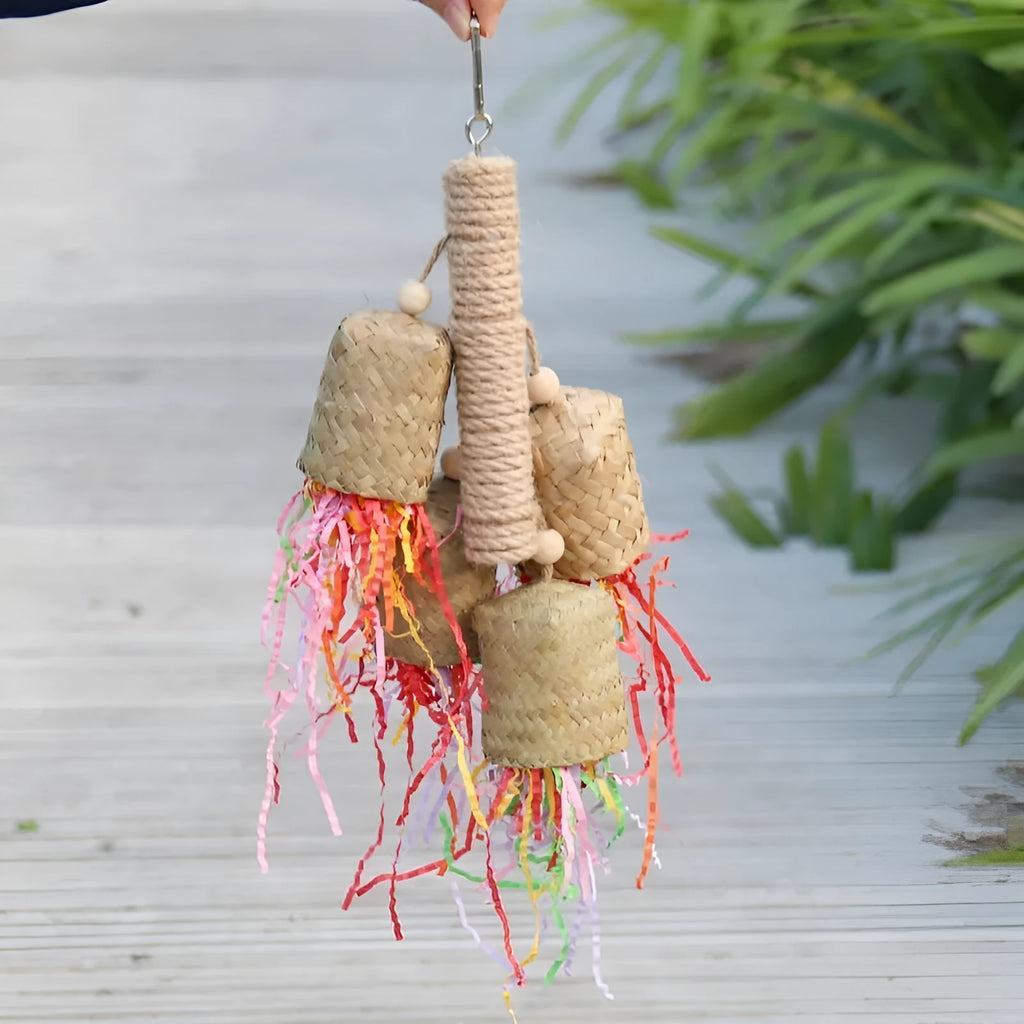 35cm sisal rope parrot chewing toy with wooden blocks and colourful shredded paper hanging from cage bars