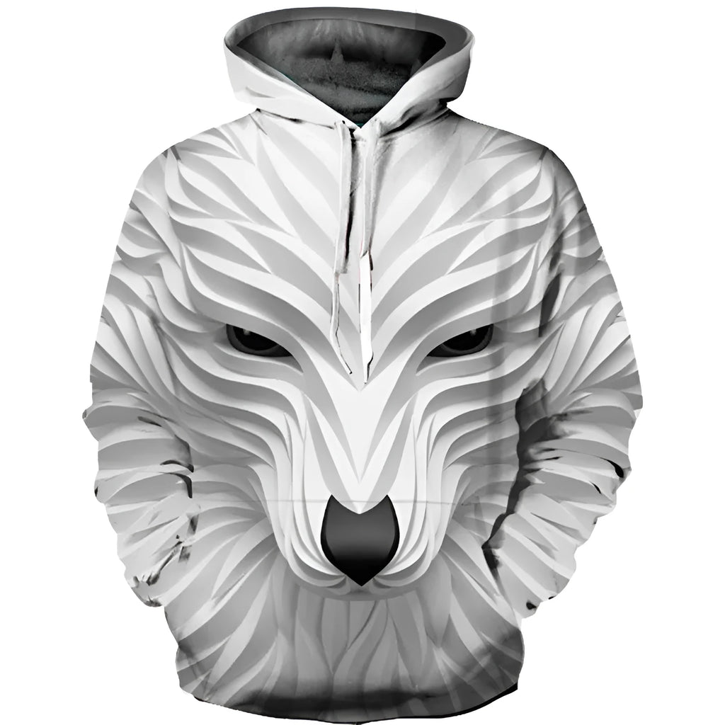 Men's long sleeve hoodie with 3D animal print, round neck, and hood