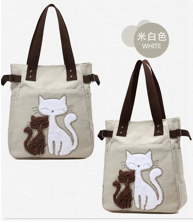 KVKY women canvas shoulder bag with cute plush cat applique in beige colour on white background