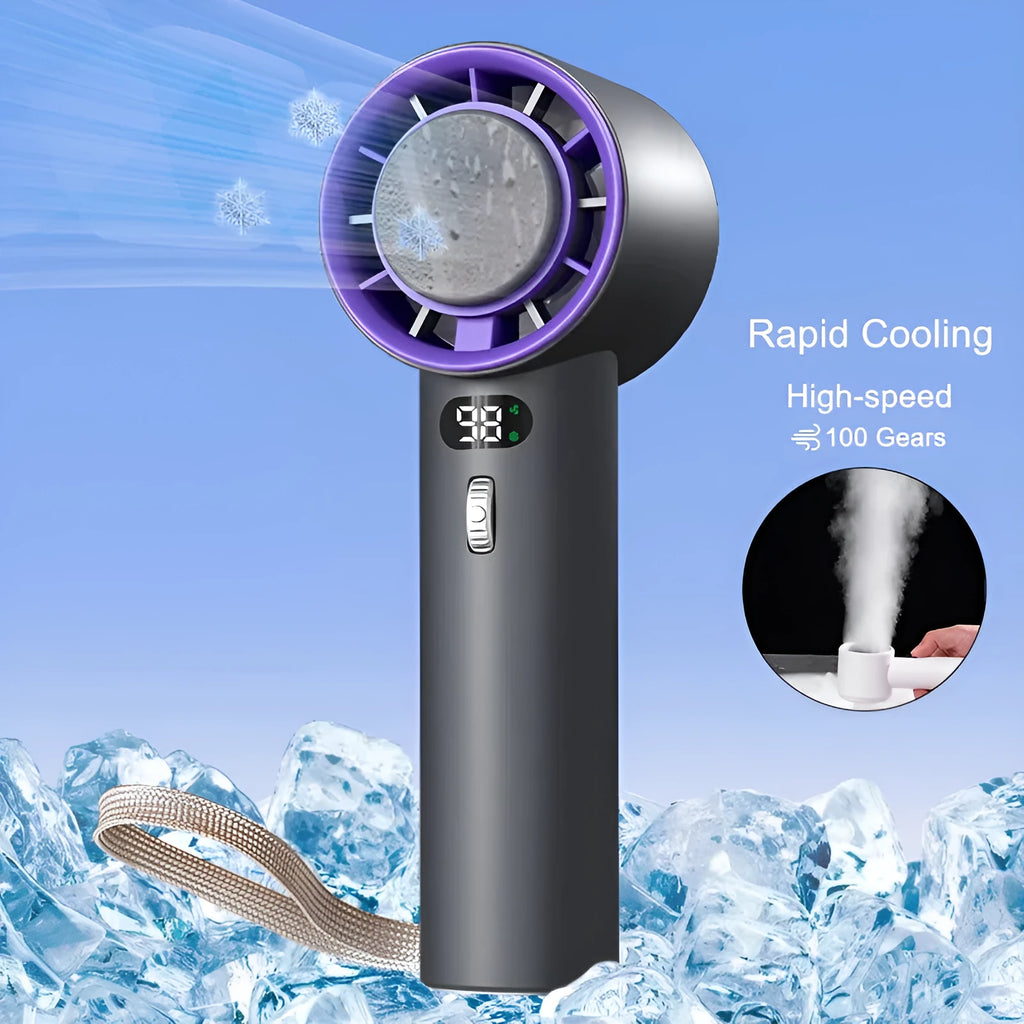 Portable handheld turbo fan with semiconductor cooling, 3000mAh battery, 58x60.5x170mm, in white
