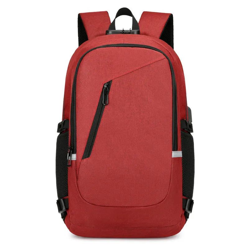 Oxford cloth casual backpack in blue, open to show interior, with a laptop inside.