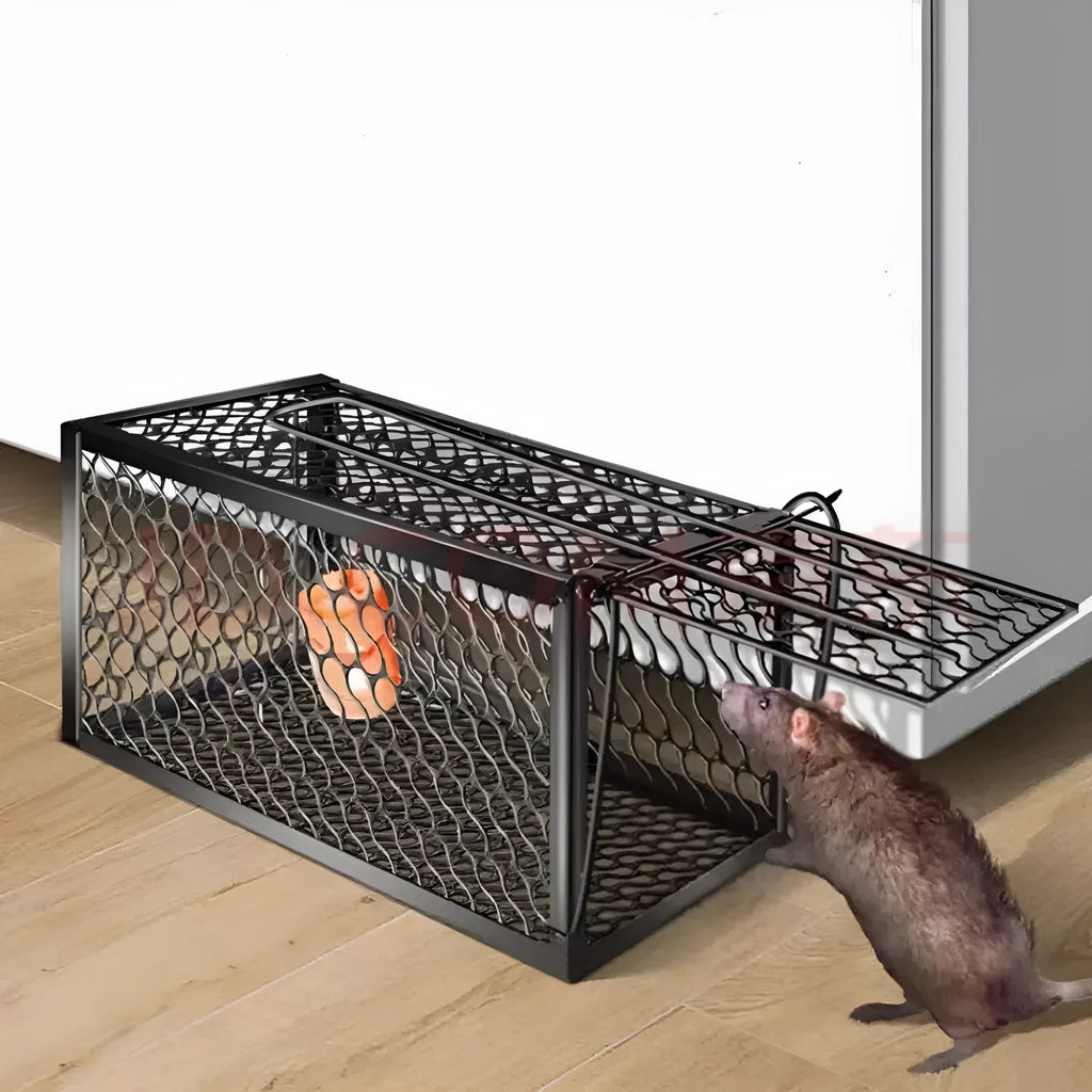 Automatic mouse cage trap with metal construction and plastic components in small, medium and large sizes
