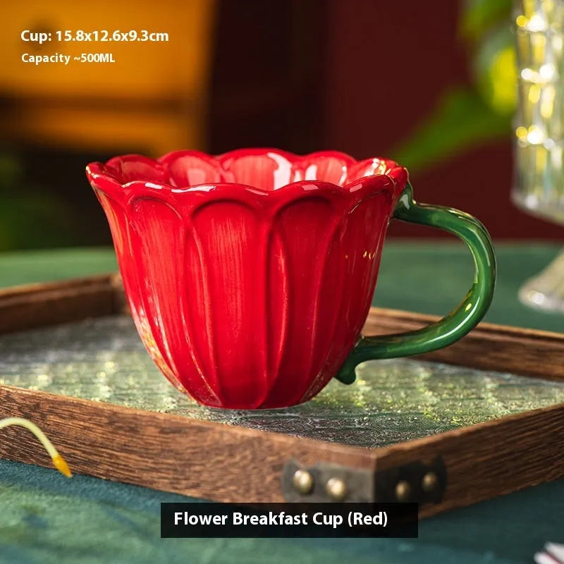 Red and purple floral pattern ceramic breakfast mug with handle, 500ml capacity