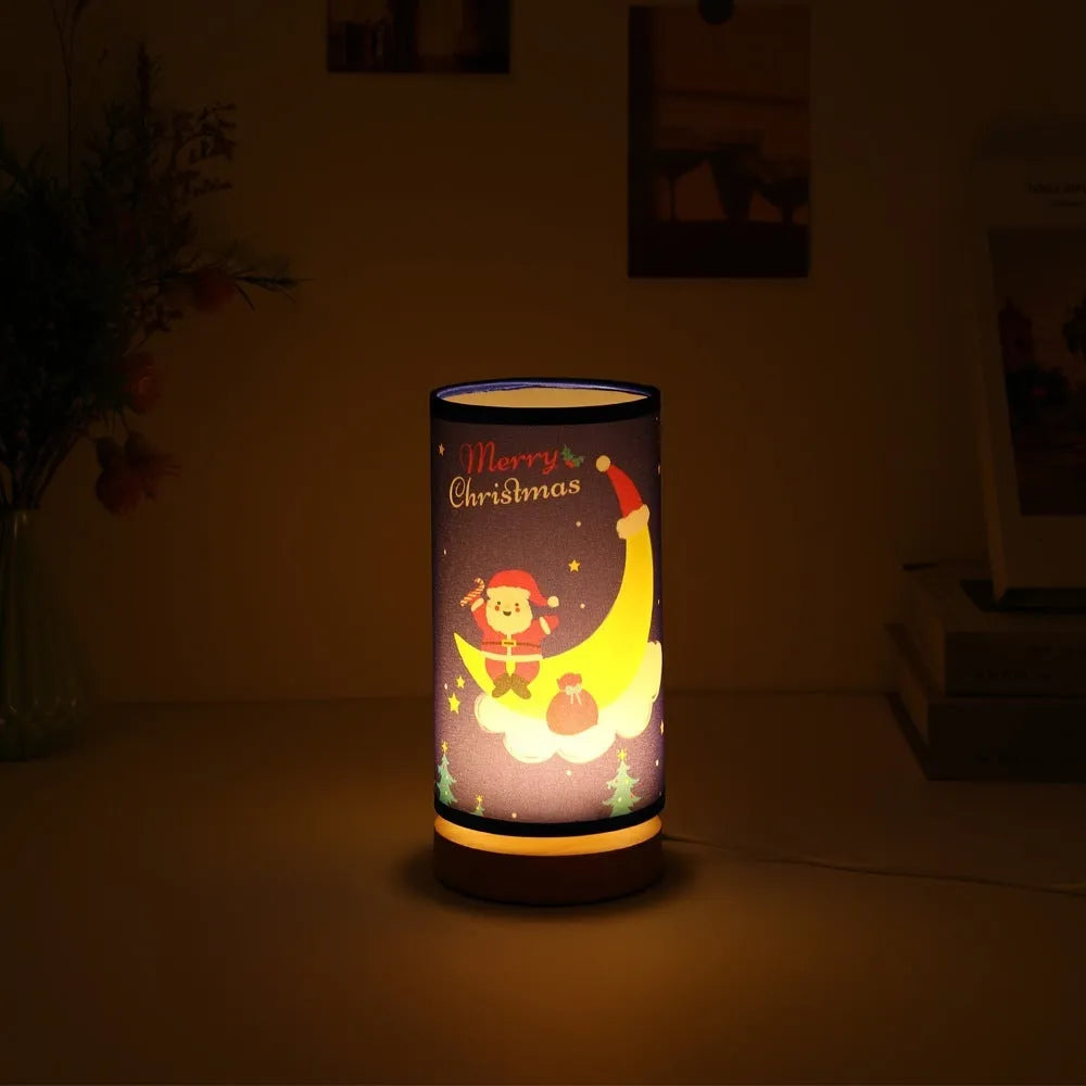 European-style Moon Santa Claus LED night light with bamboo base and USB plug.
