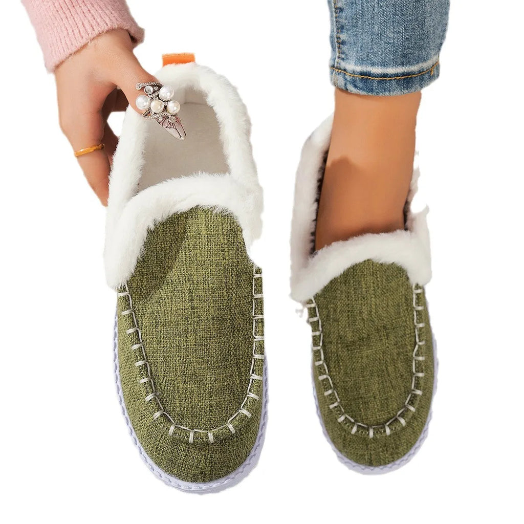 Thickened indoor leisure warm top snow boots for women, solid colour, flat heel, rubber sole, artificial PU upper, round toe, shown in blue