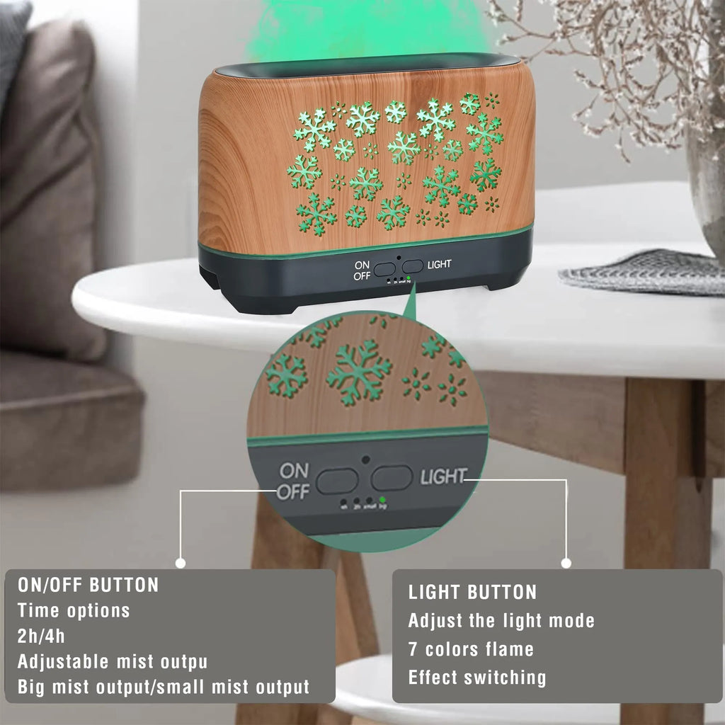 Colourful snowflake wood grain aromatherapy humidifier with glowing flame effect on a desktop.