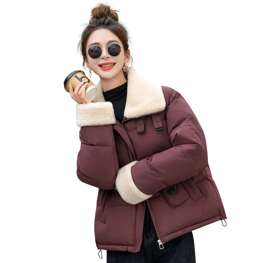 Lamb wool large lapel Korean style casual thickening coat with fur collar for women, solid colour, beige