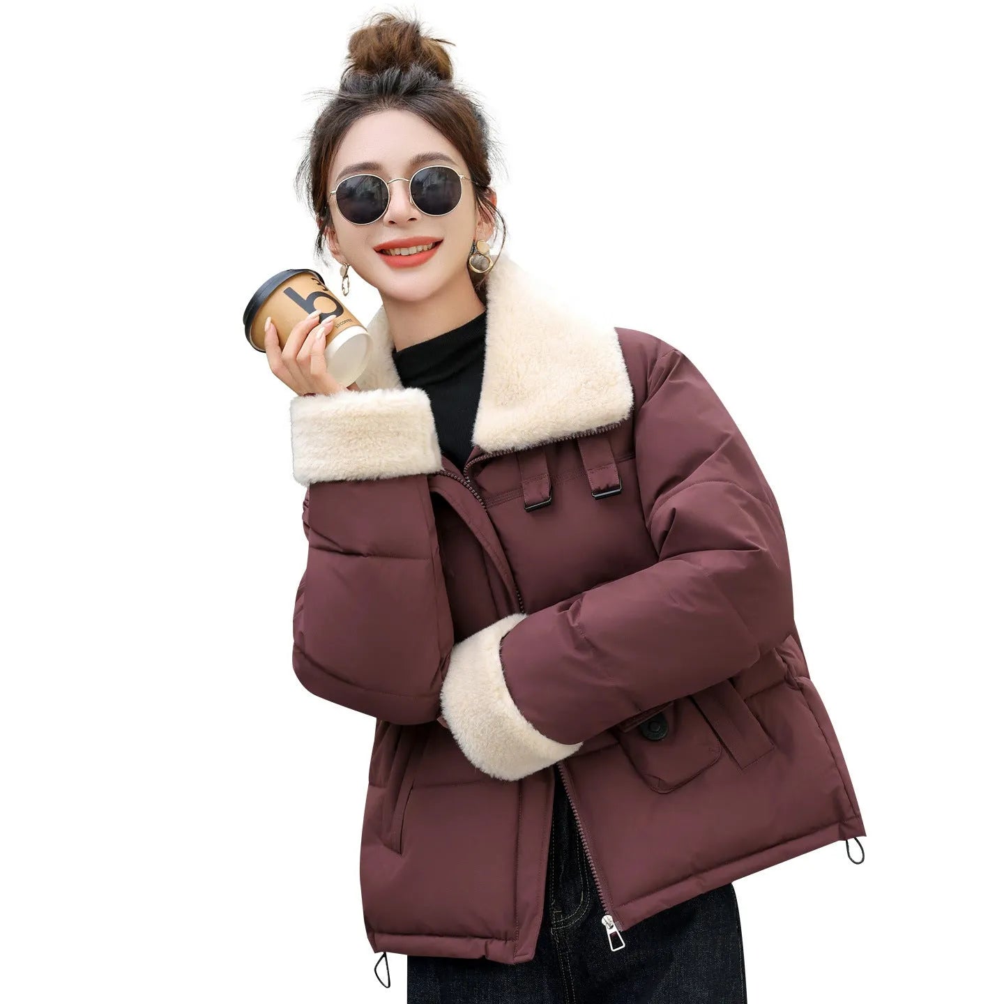 Lamb wool large lapel Korean style casual thickening coat with fur collar for women, solid colour, beige