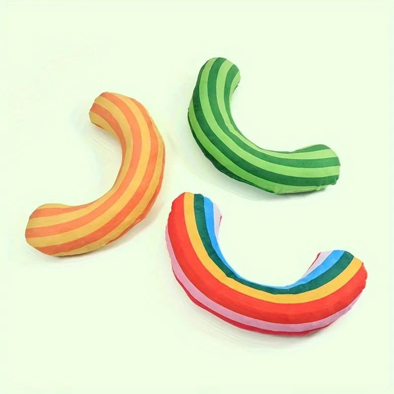 Striped pattern cat pillow toy with built-in noise maker and catnip strip measuring 23x20cm