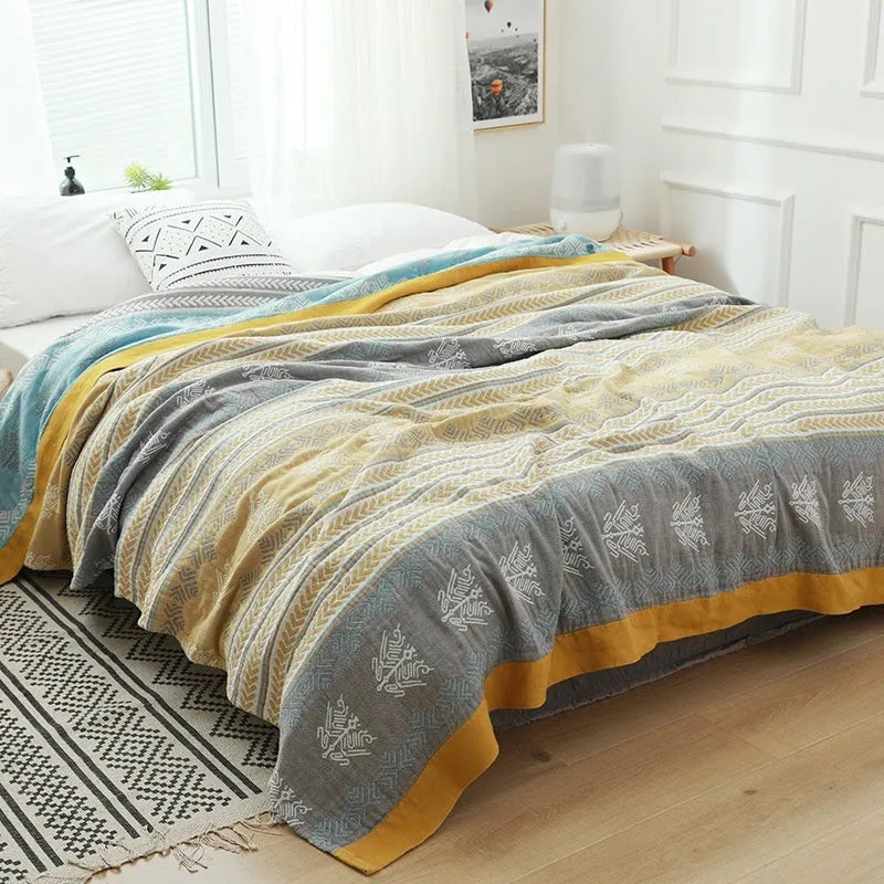 Five-layer gauze pure cotton blanket bedspread in Roulette Wheel Blue pattern