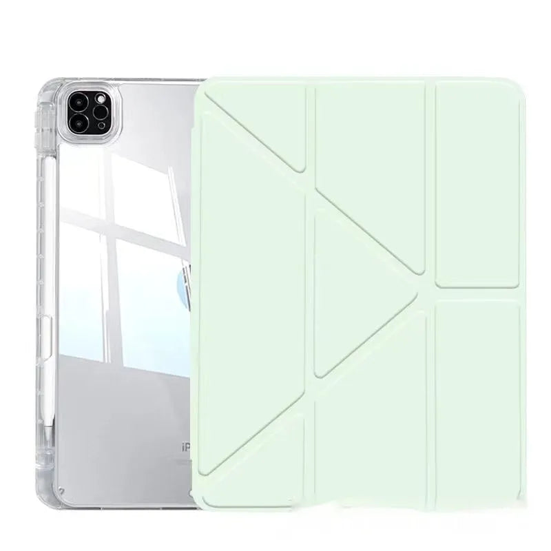 Transparent acrylic iPad case with a folding magnetic stand, shown in multiple colour options.