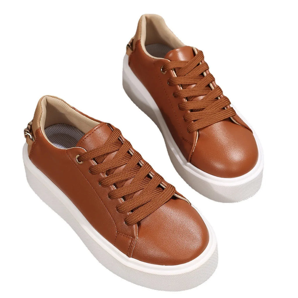 Round head cross strap thick bottom casual low-top sneakers chain pumps women black colour
