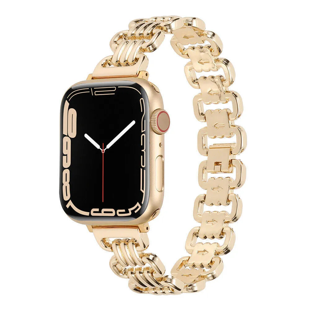 Alloy metal Apple Watch replacement band in silver, black, gold, rose gold, and starlight colours with adjustable clasp.