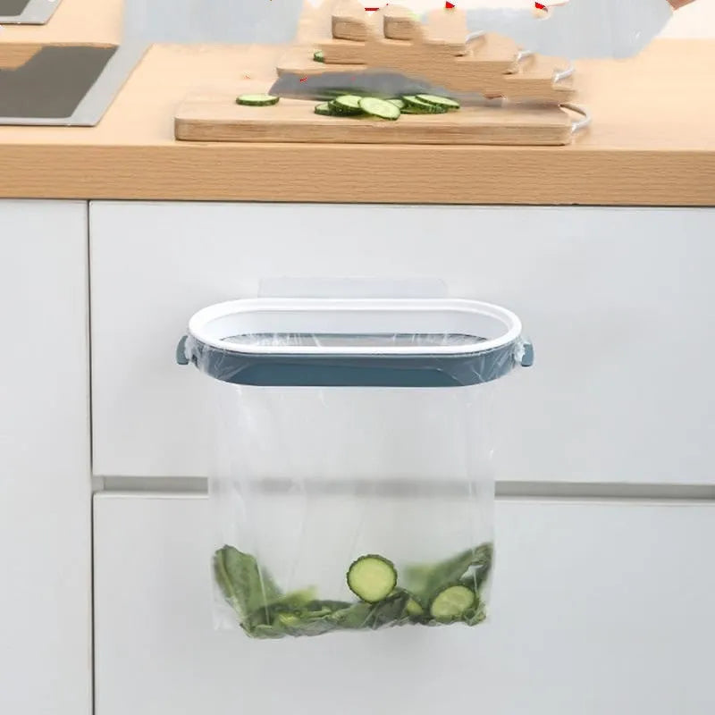 Blue plastic kitchen garbage bag storage rack mounted under a sink