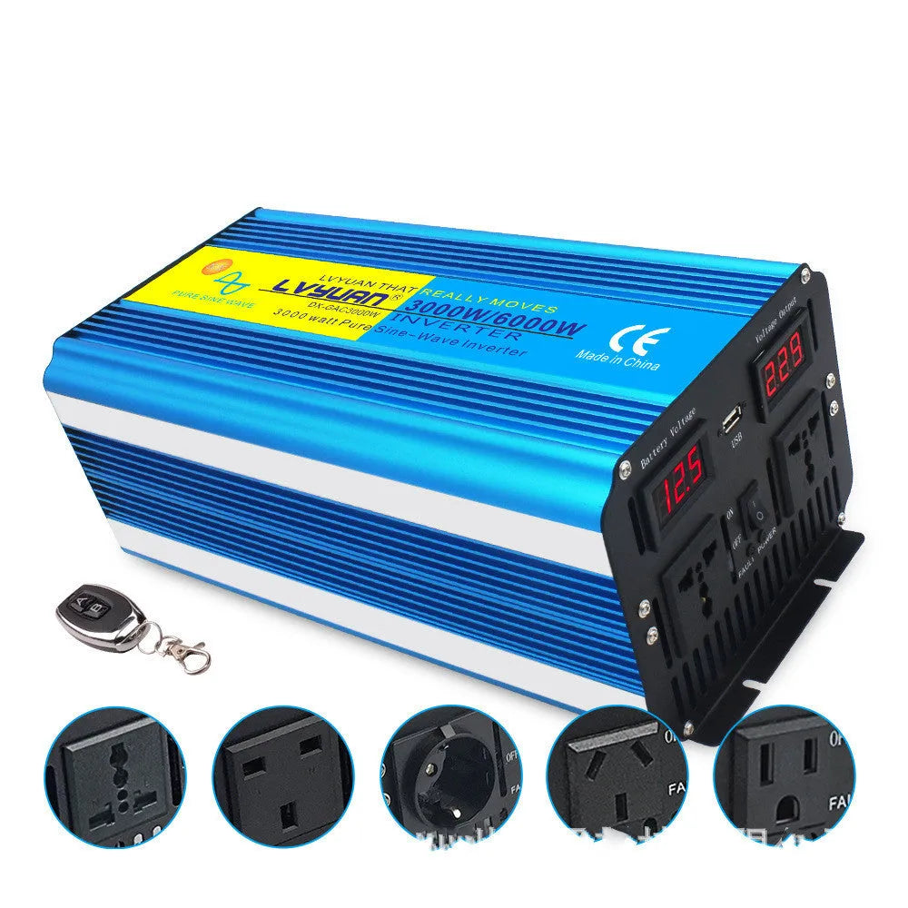 Blue 3000W pure sine wave car power inverter with digital display and UK plug socket