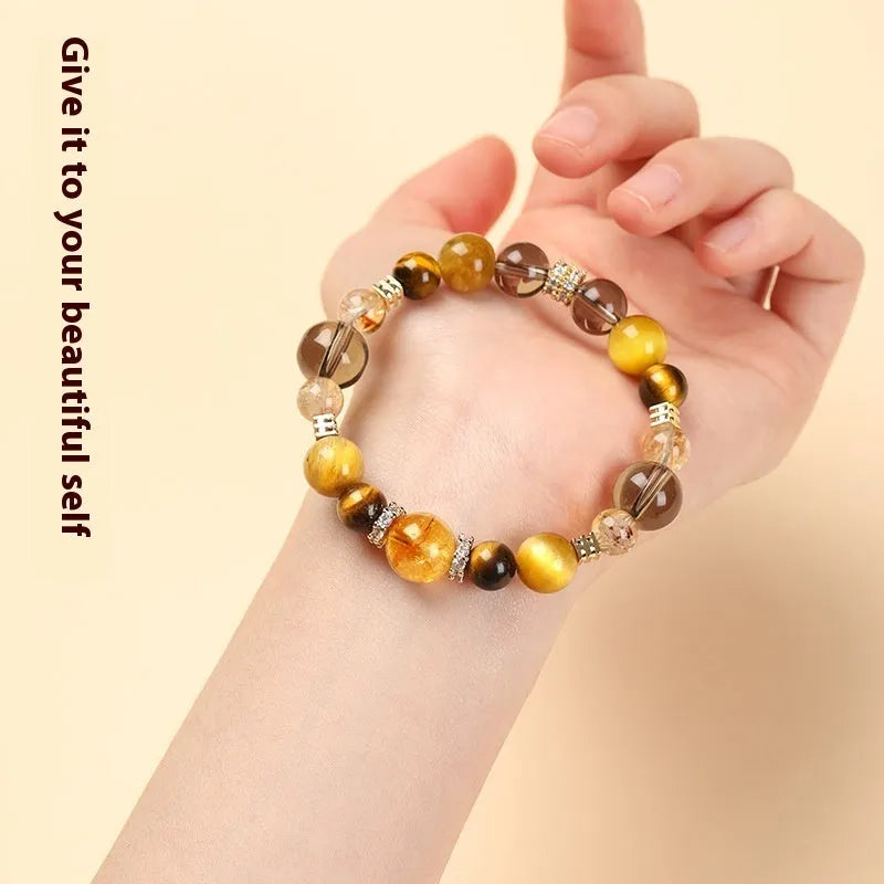 Lucky Jinba chunky yellow tiger-eye crystal bracelet with geometric beads in unisex design