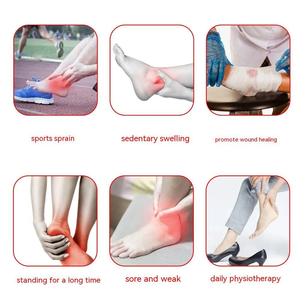 Black ankle heating wrap with red light therapy and USB cable on flat surface