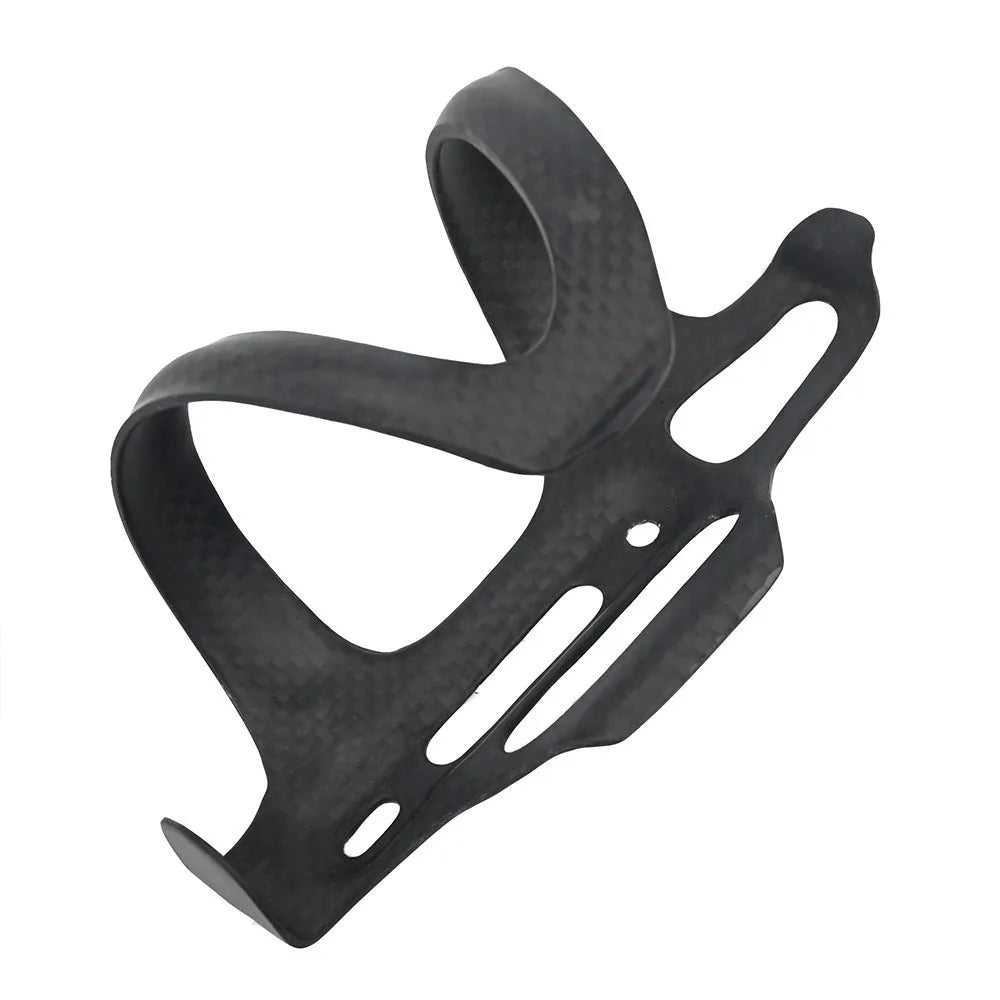 Black carbon fibre bicycle water bottle cage showing mounting holes and bottle retention shape.