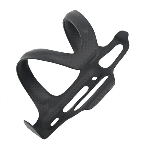 Black carbon fibre bicycle water bottle cage showing mounting holes and bottle retention shape.