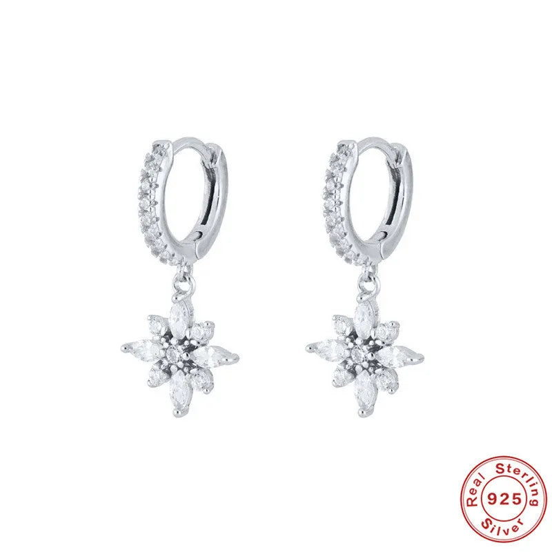 S925 sterling silver snowflake pendant earrings with cubic zirconia stones in geometric design