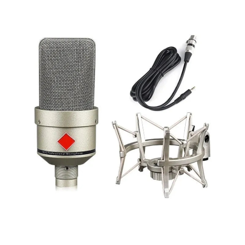 Wired condenser microphone with stand in champagne gold or black gold finish for recording and live broadcast.