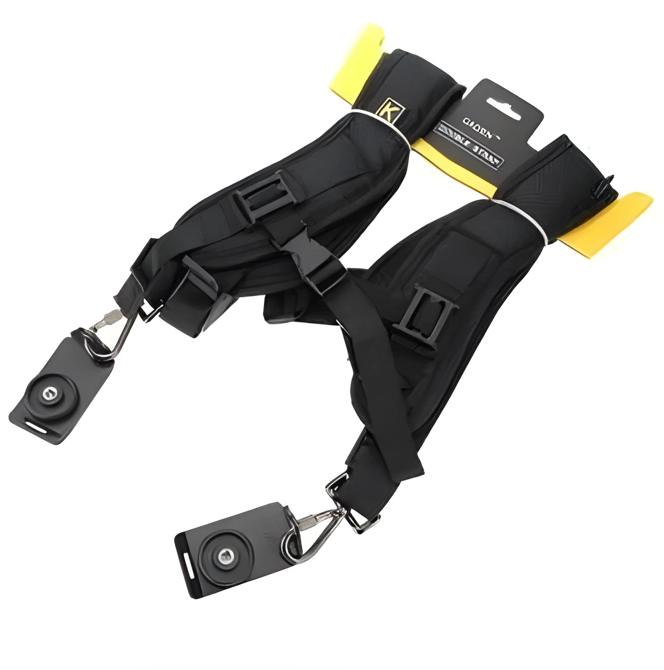 Black professional dual SLR camera strap showing two camera connection points and shoulder padding