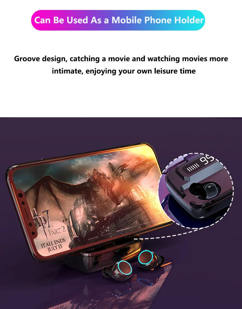 Black M11 wireless Bluetooth headset with digital display and charging case