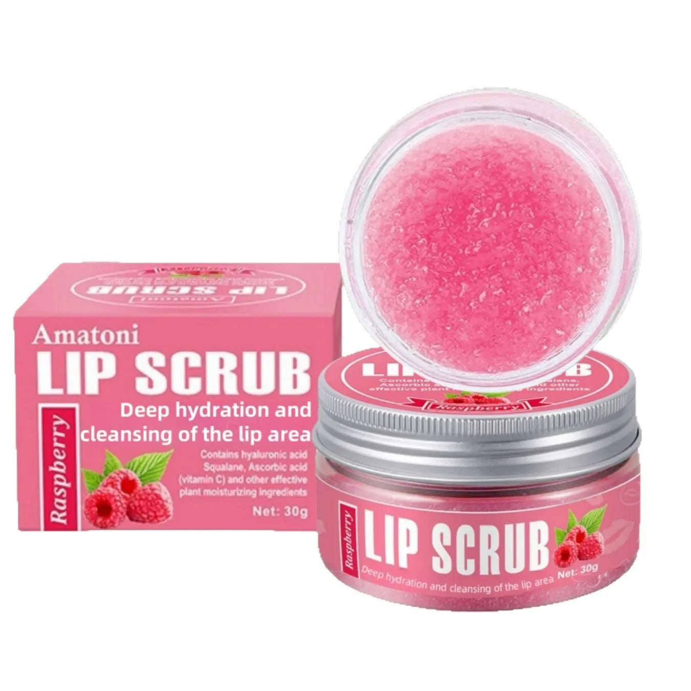 Amatoni Lip Scrub jar in 30g size with Coconut, Raspberry, Vanilla, or Watermelon flavour options.