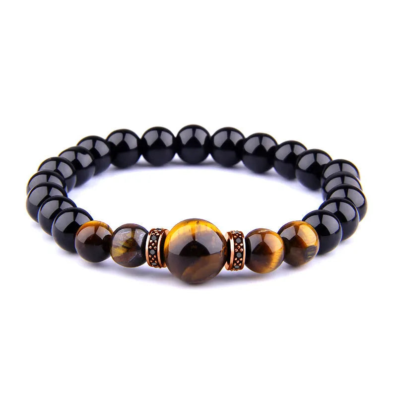 Men's natural stone bracelet with tiger eye beads, 8mm round, elastic, invisible clasp, brown stone with silver metal finish